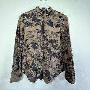 Alberto Makali Womens Floral 100% Silk Long Sleeve Button-Up Shirt Small Brown